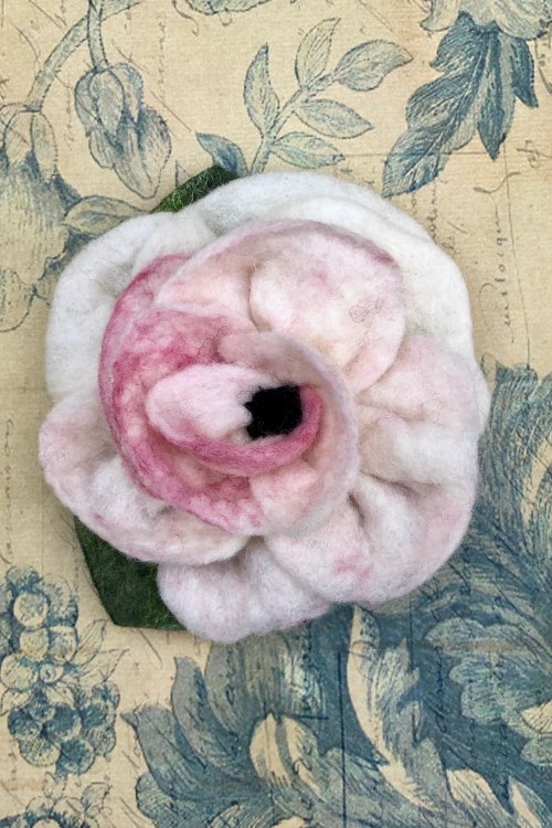 Agnes Foss - Felted Rose Brooch - Dusty Pink and White